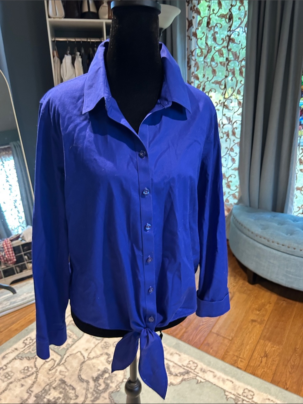 Chico's Bright Blue Button-Front Tie-Hem Shirt